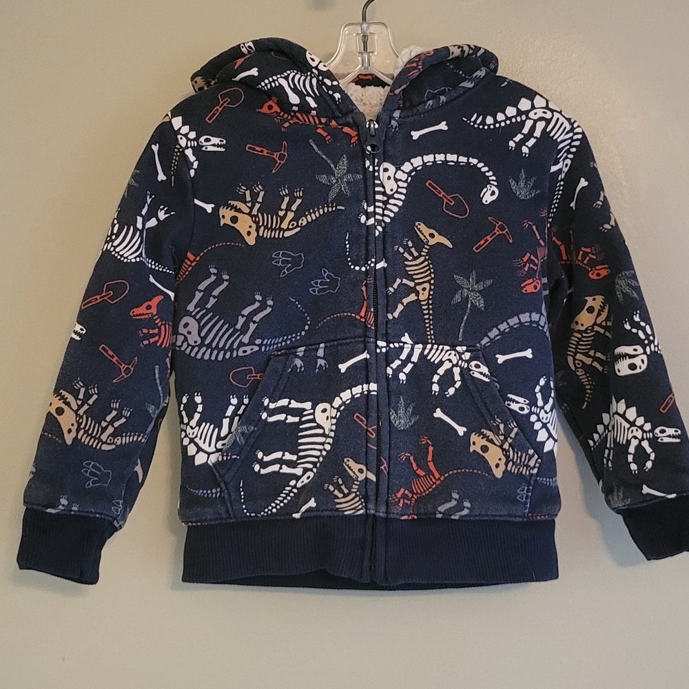 Dinosaur skeleton print navy sheepskin lined zip up hoodie